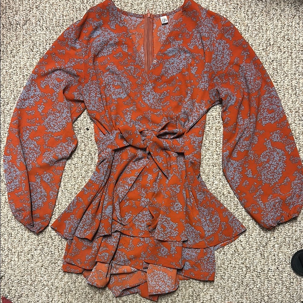Classic Orange Blue Long Sleeve Wrap Peplum Jumpsuit